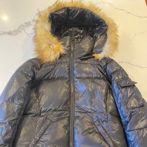 Black puffer jacket with faux fur hood